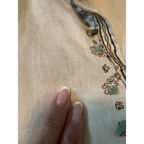 RAFAELLA Beige Embroidered Beaded Blouse100% Linen V-Neck Tiny Flaw Size 14 - Picture 10 of 16